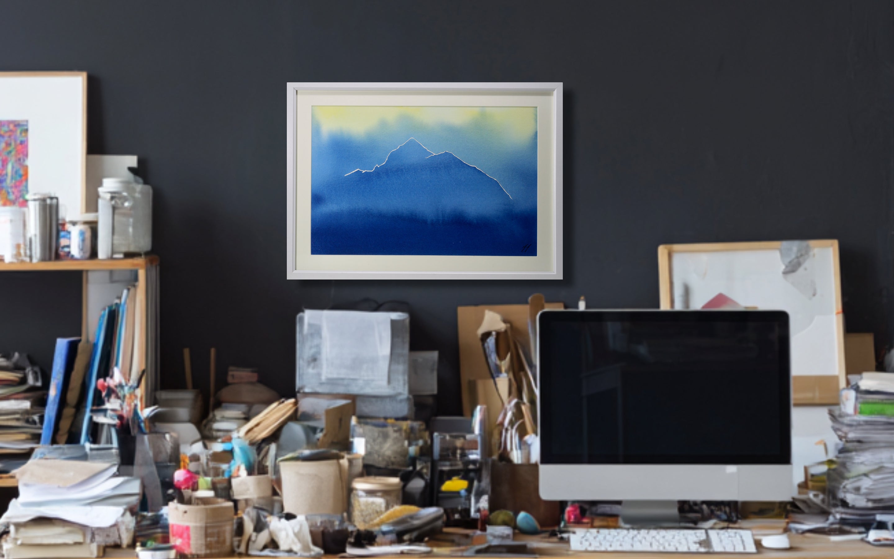 Original watercolour artwork, A3 size, blue mountain, yellow, cobalt blue, prussian blue