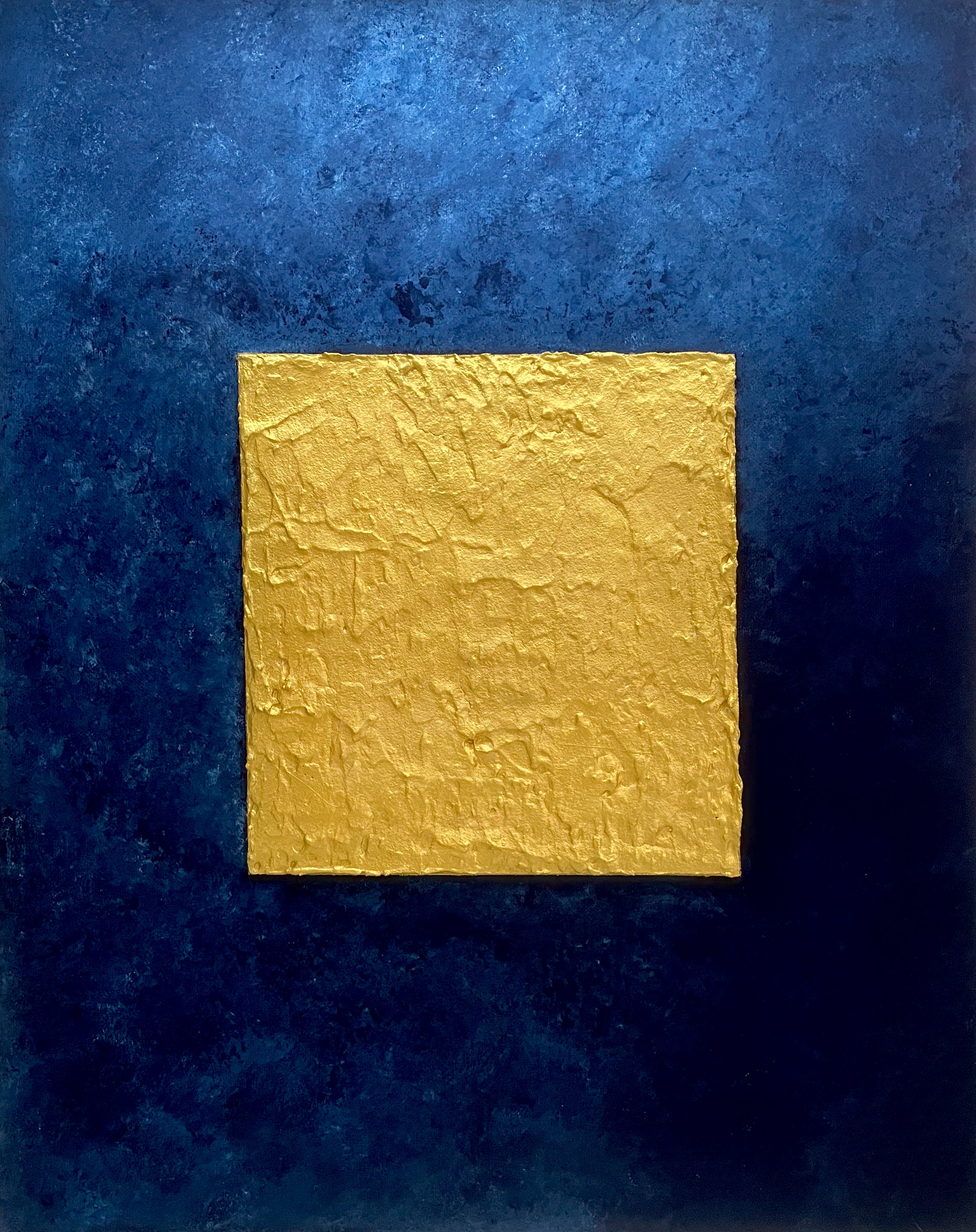The golden cube amongst the blue textured background, gold, prussian blue, original canvas artwork