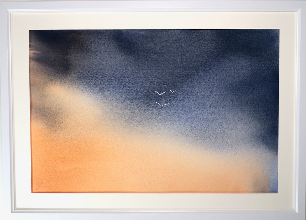 Original watercolour painting, four birds on a backdrop of cobalt blue and paines grey, burnt siena
