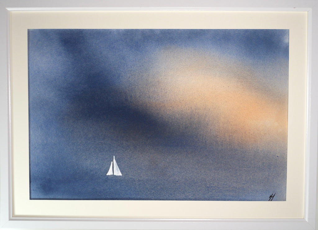 Original watercolour painting, small white boat on a backdrop of cobalt blue and paines grey, burnt siena.&nbsp;