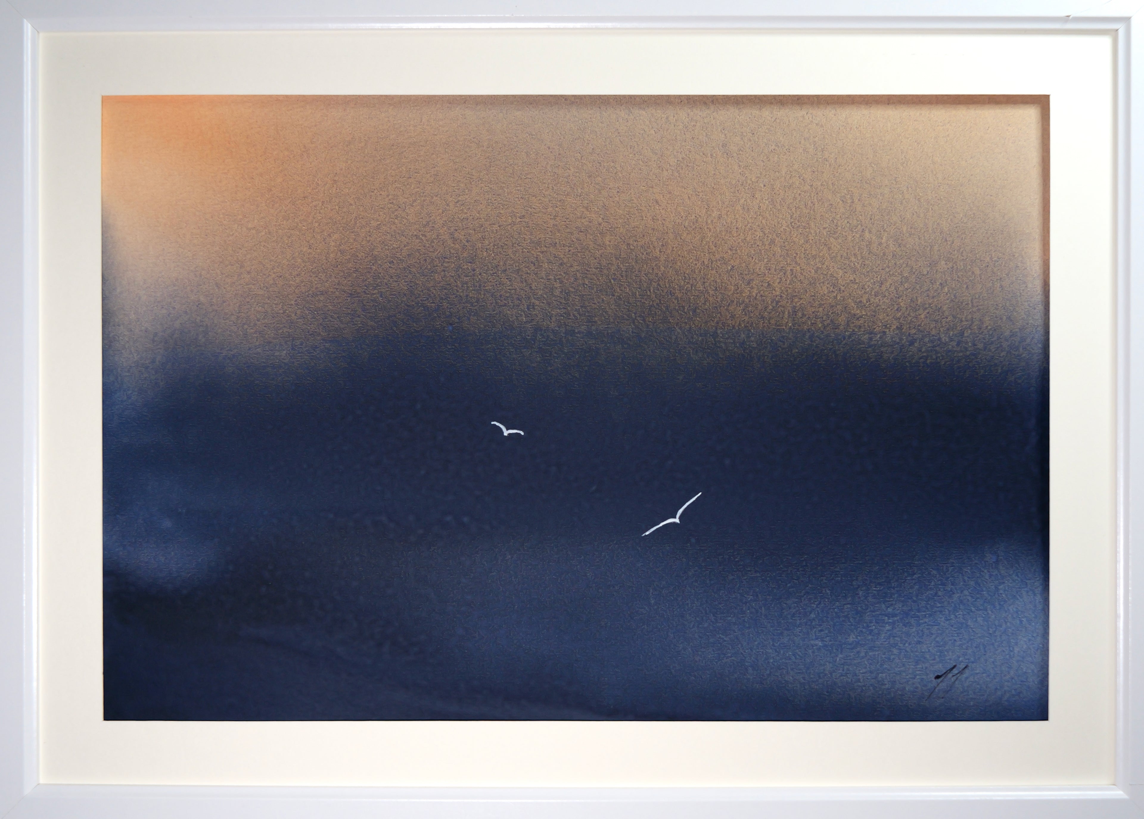 Watercolour painting, two birds on a backdrop of cobalt blue and paines grey, burnt siena