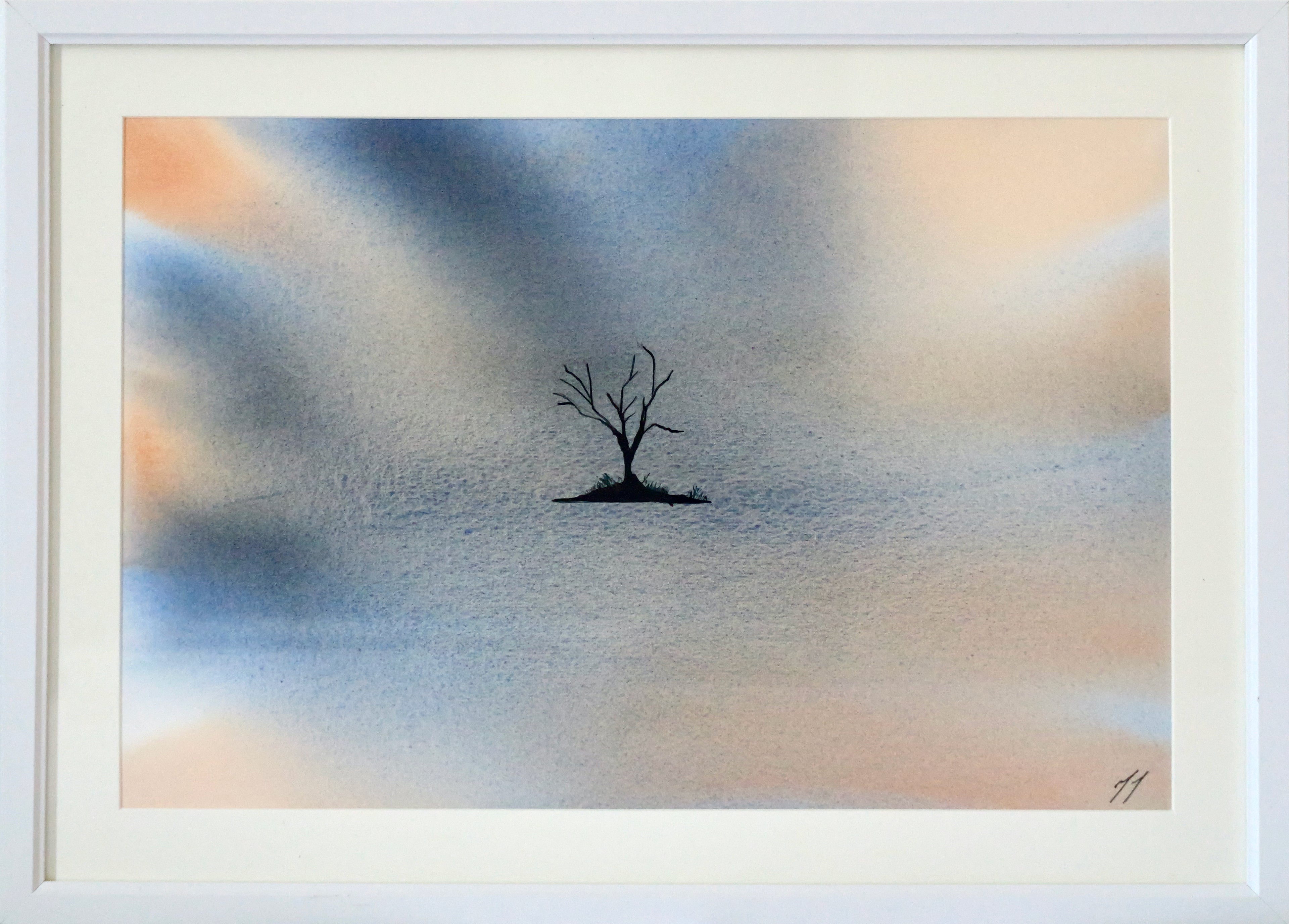 Original mixed media watercolour and ink artwork, tree in an atmospheric surrounding, A3 size, burnt sienna, cerulean blue hue, cobalt blue