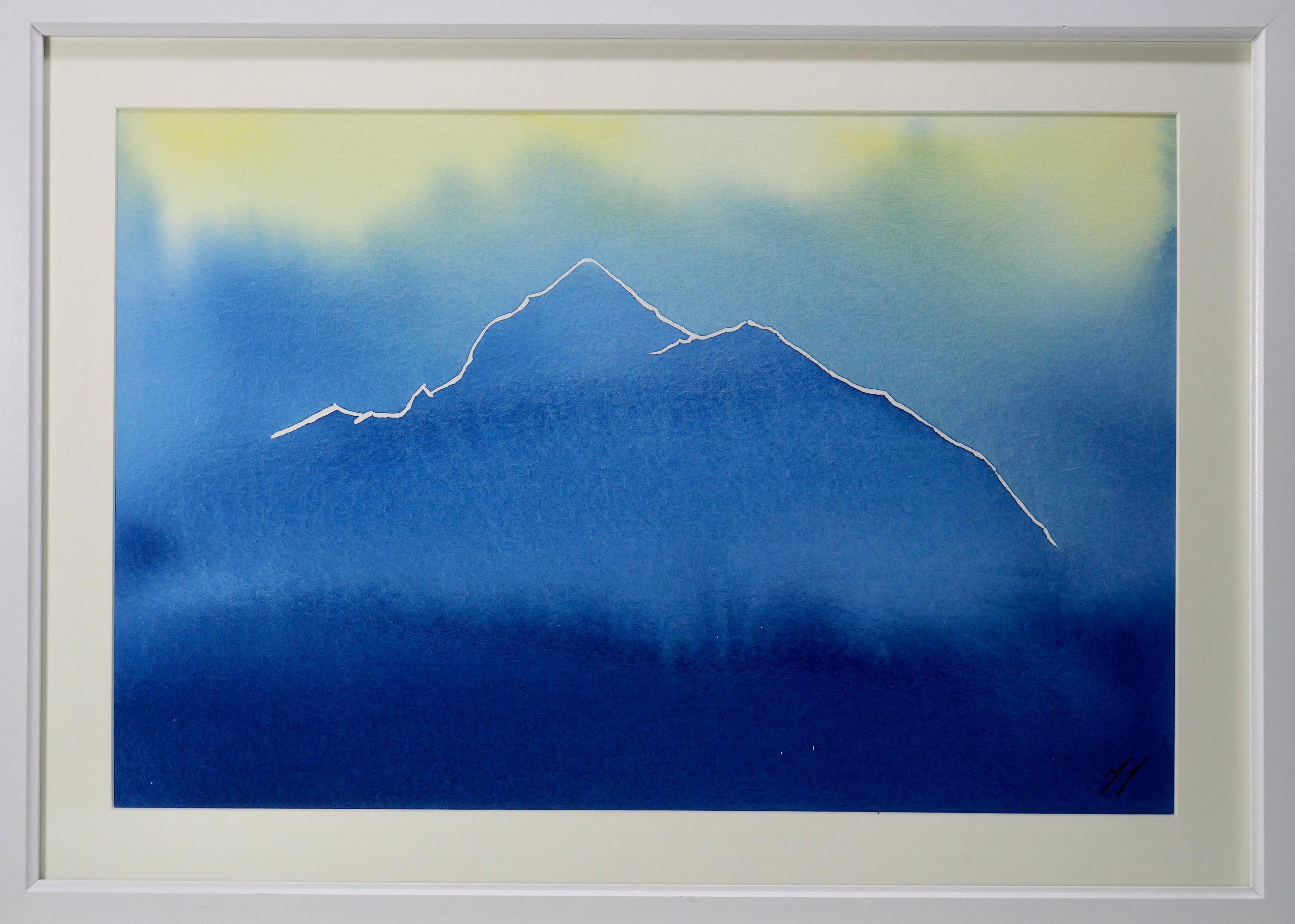 Original watercolour artwork, A3 size, blue mountain, yellow, cobalt blue, prussian blue