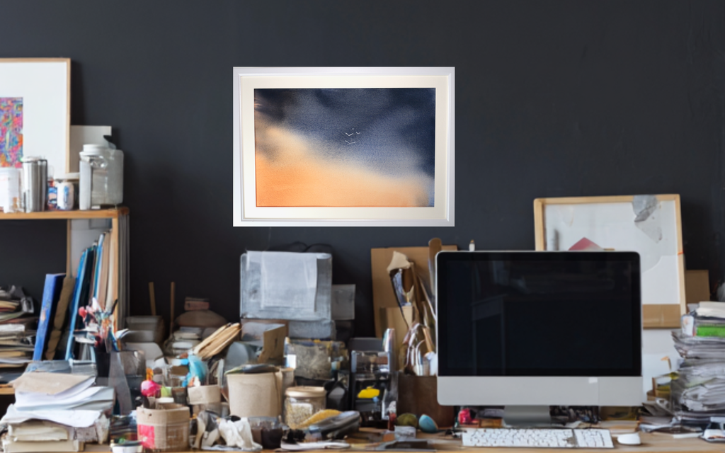 Original watercolour painting, four birds on a backdrop of cobalt blue and paines grey, burnt siena