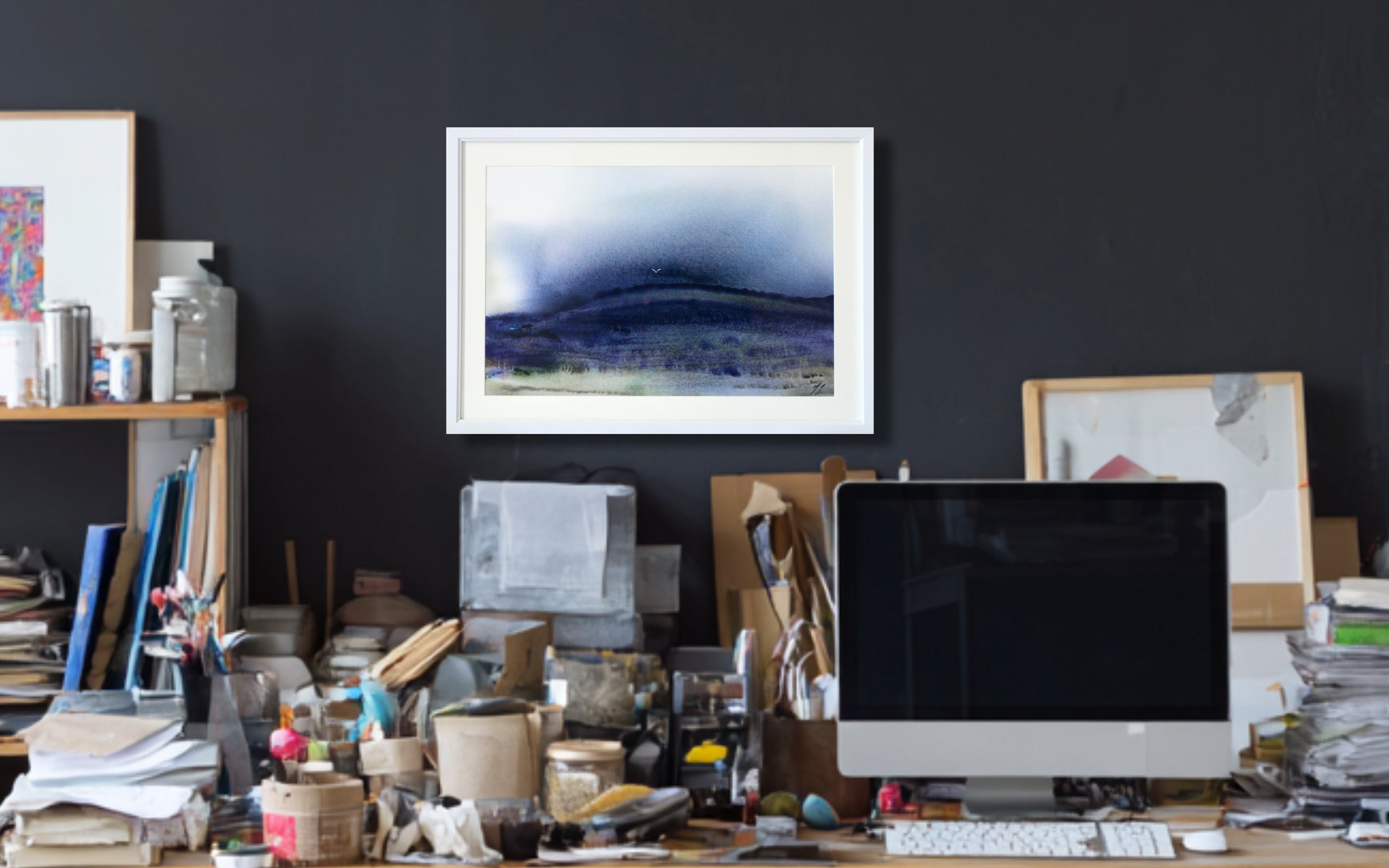 Original watercolour painting, bird over the hill, A3 size, burnt umber, sap green, prussian blue, indigo