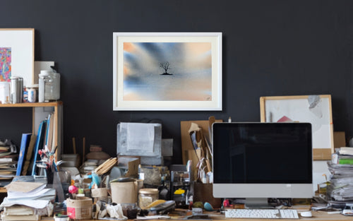 Original mixed media watercolour and ink artwork, tree in an atmospheric surrounding, A3 size, burnt sienna, cerulean blue hue, cobalt blue