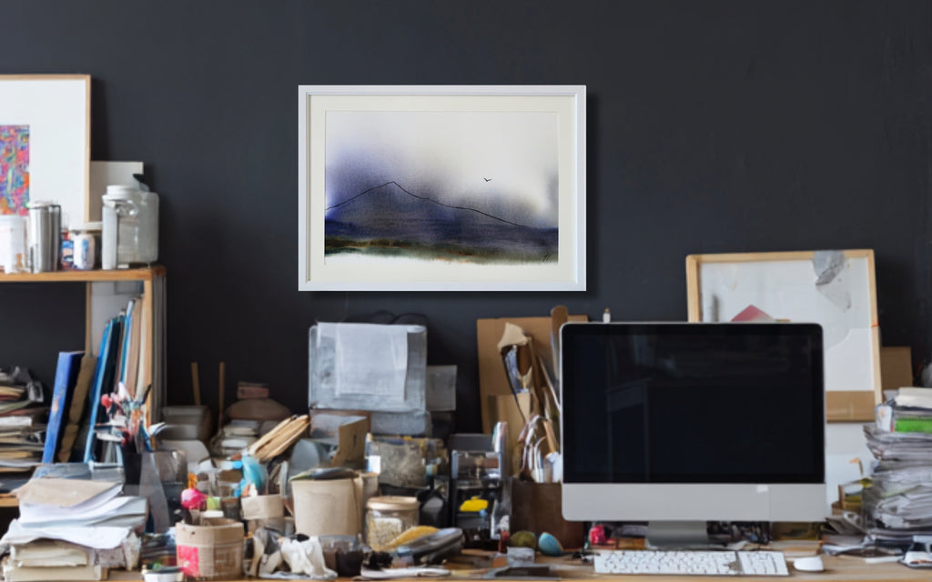 Original watercolour painting, earth and mountain, A3 size, burnt umber, sap green, prussian blue, indigo, payne's grey