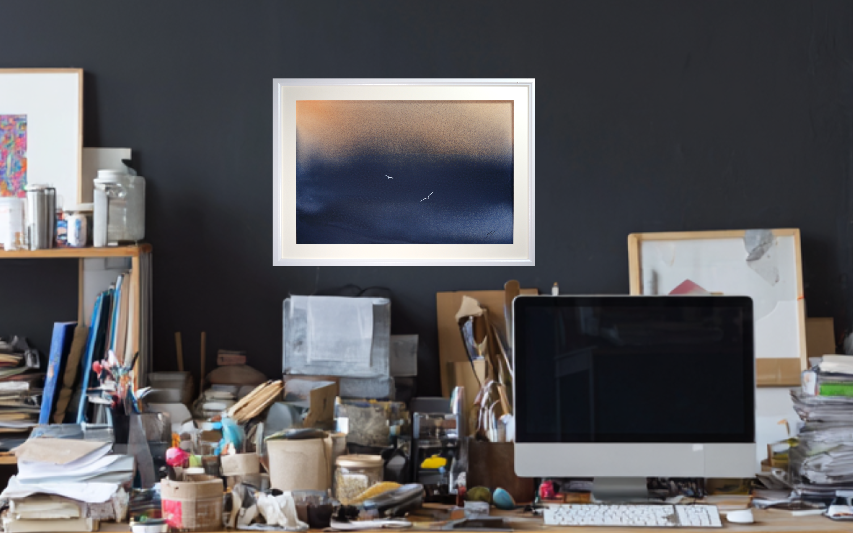 Watercolour painting, two birds on a backdrop of cobalt blue and paines grey, burnt siena