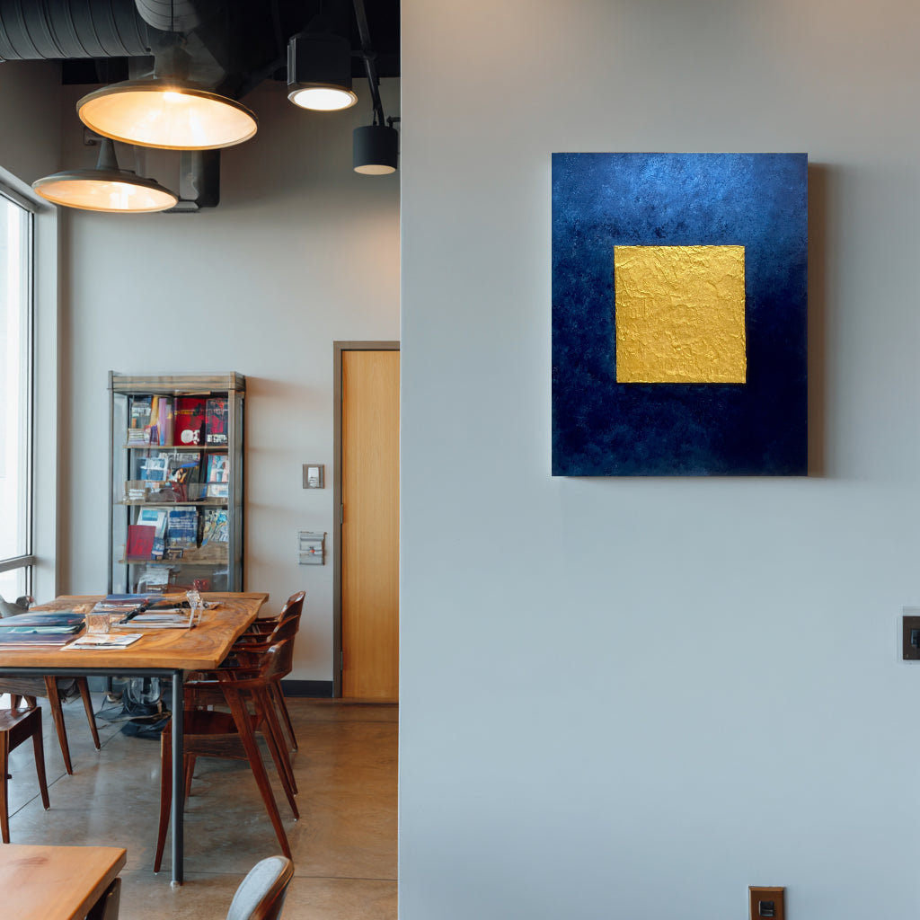 The golden cube amongst the blue textured background, gold, prussian blue, original canvas artwork