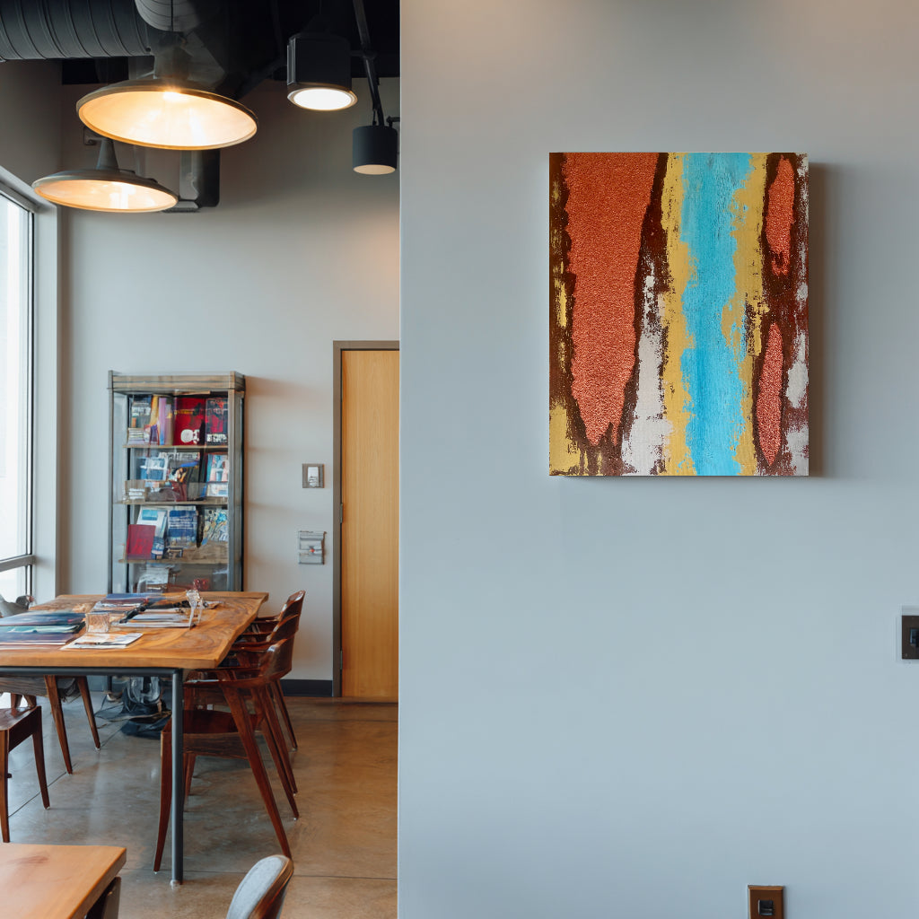 Rust, copper, gold, silver grey, burnt umber, blue, , original canvas artwork